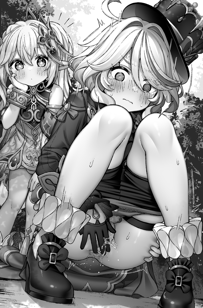 2girls blush embarrassed female furina_(genshin_impact) genshin_impact monochrome nahida_(genshin_impact) outdoors peeing pissing squatting tagme tatsuya_(s6pillars)