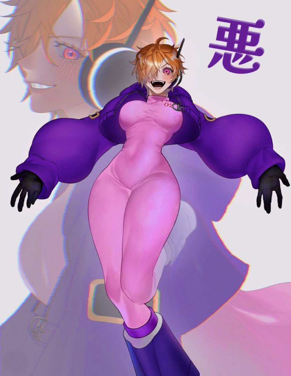 1girls, 2024, big breasts, blonde hair, blonde-haired female, blush, breasts, clothed, clothing, color, female, female focus, female only, fully clothed, hi res, large breasts, light skin, light-skinned female, looking at viewer, one piece, one piece: egghead arc, orange hair, purple eyes, short hair, shounen jump, siokosho kinoko, solo, suit, tagme, thick thighs, tight clothing, vegapunk lilith