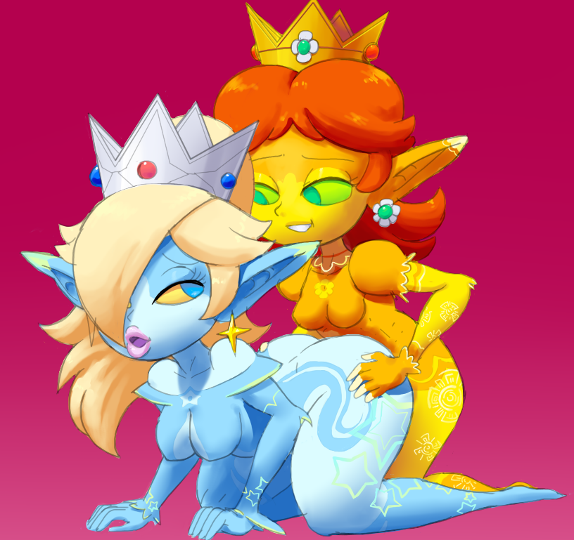 1futa 1girls alternate_species anthro blonde_hair blue_eyes cleavage crown female full_body fusion futanari hair_over_one_eye imp imp_daisy imp_rosalina implied_futanari mario_(series) midna nintendo outta_sync princess_daisy princess_rosalina sex simple_background the_legend_of_zelda twili twilight_princess