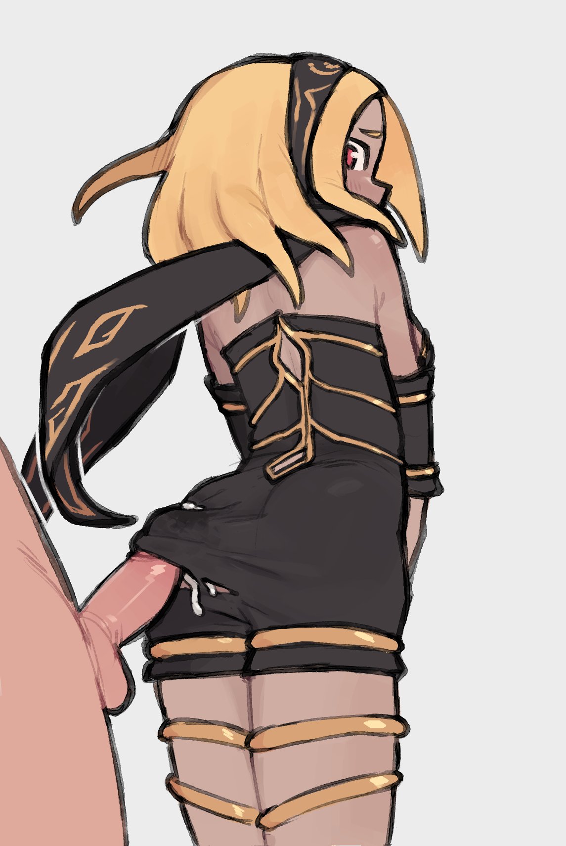 1boy, 1girls, blonde hair, cum, dark-skinned female, gravity rush, kat (gravity rush), penis, ruka481