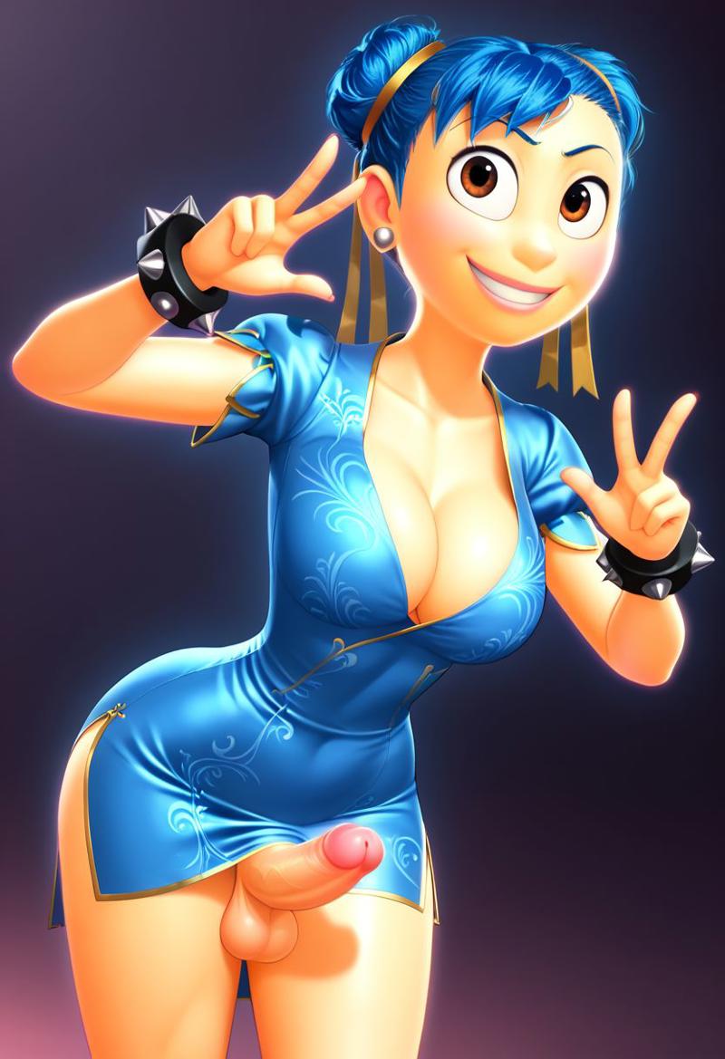 ai_generated blue_clothing blue_hair chun-li_(cosplay) cosplay erect_penis erection futanari inside_out joy_(inside_out) penis qipao solo solo_futa street_fighter tagme yellow_skin