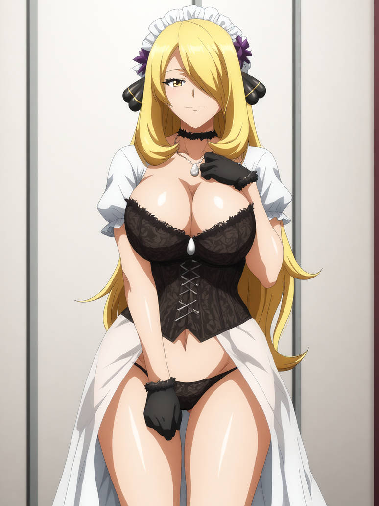 ai_generated big_breasts black_lingerie blush busty cleavage corset creatures_(company) curvy cynthia_(pokemon) facing_viewer female female female_only game_freak hi_res highres lingerie nintendo panties pokemon pokemon_(game) pokemon_dppt pokemon_trainer pony_diffusion_xl seraphim_ai smile solo stable_diffusion standing