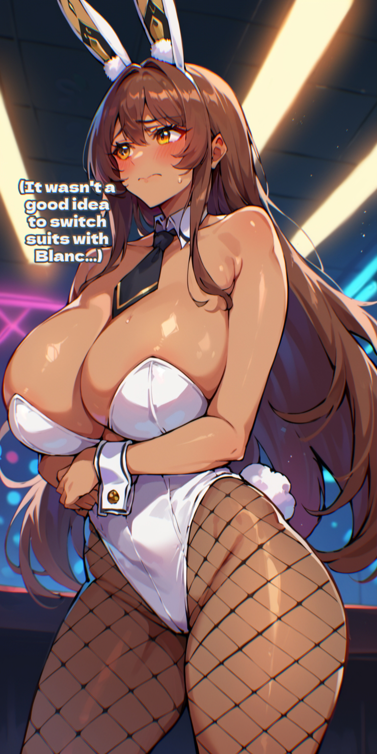 1girls ai_generated animal_ears arms_under_breasts big_breasts blush brown_hair bunny_ears bunny_tail bunnysuit dark-skinned_male dark_skin english female female_focus female_only fishnets goddess_of_victory:_nikke huge_breasts large_breasts leotard long_hair necktie noir_(nikke) solo text wrist_cuffs yellow_eyes