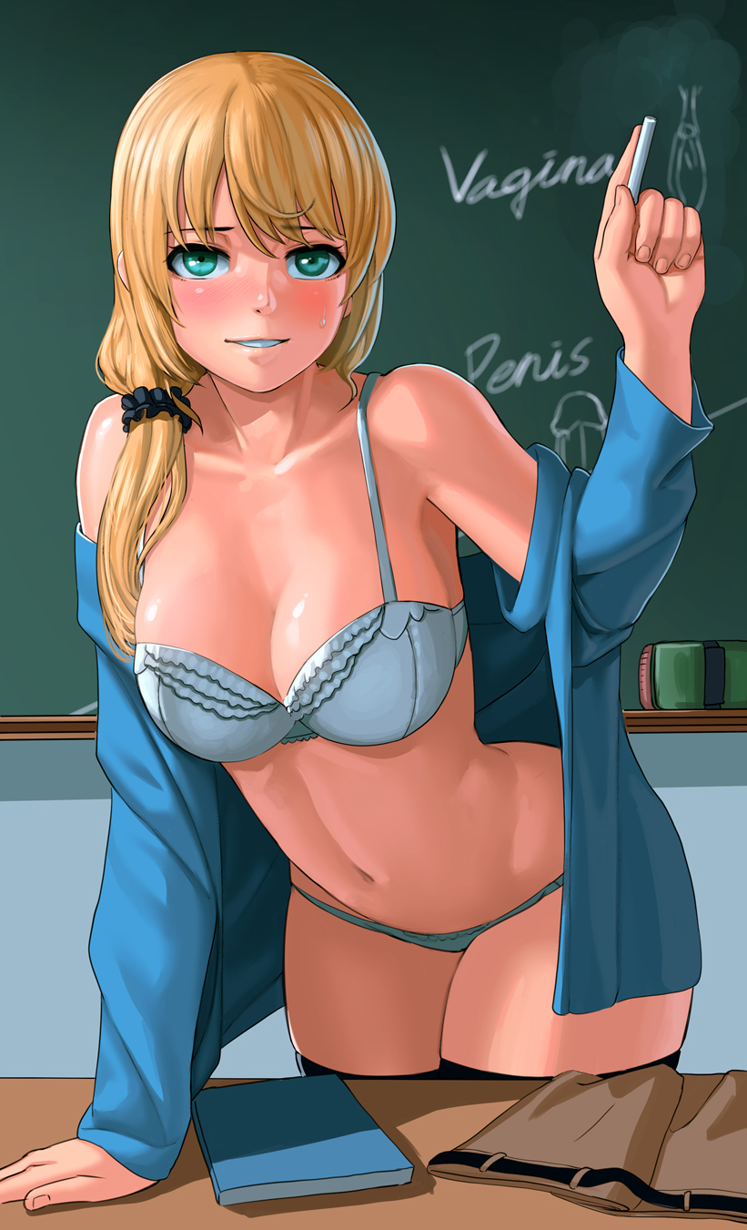 1girls blonde_hair blue_eyes blush bra breasts chalkboard cleavage educational ellen_baker female female_only human large_breasts lasterk long_hair looking_at_viewer navel new_horizon no_pants off_shoulder panties sex_education smile solo standing sweat teacher thighhighs tied_hair