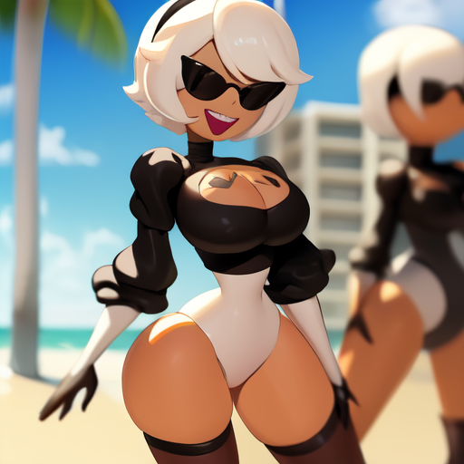 ai_generated dollification female huge_ass huge_breasts knick_knack nier:_automata permanent_smile post_transformation smile sunglasses sunnification thick_thighs transformation wide_hips yorha_2b