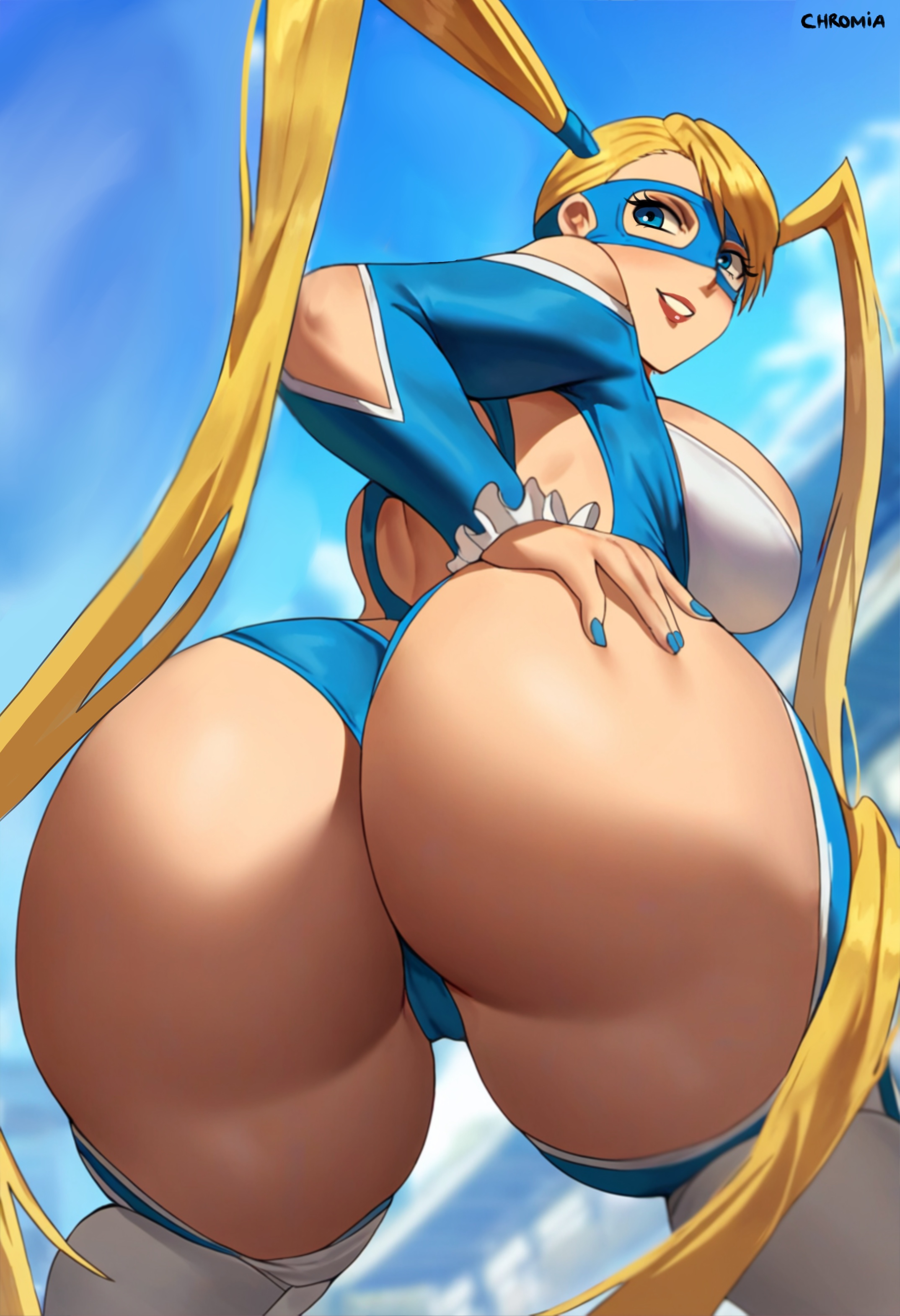 1girls, absurd res, artist name, ass, backless outfit, bangs, bent over, big breasts, blonde hair, blue eyes, breasts, capcom, chromiaart, close-up, female, hand on ass, hi res, huge ass, long hair, long twintails, looking at viewer, looking back, mask, outdoors, paid reward available, painted nails, parted lips, presenting, presenting hindquarters, rainbow mika, revealing clothes, sideboob, signature, sky, smile, solo, street fighter, teeth, thick thighs, thighs, twintails, very long hair, voluptuous, voluptuous female, wrestling mask, wrestling outfit