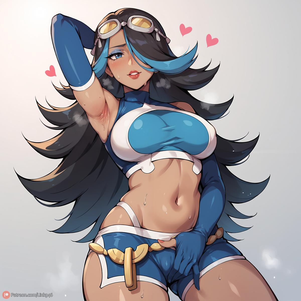 ai generated, armpits, blue eyes, blue highlights, blush, breasts, dark skin, elbow gloves, female, game freak, gloves, goggles, goggles on head, hair over one eye, heart, henrychrist, large breasts, lips, long hair, looking at viewer, masturbation, mature female, midriff, milf, multicolored hair, navel, nintendo, pokemon, pokemon oras, shelly (pokemon oras), shelly (pokemon), shorts, solo, sweat, team aqua