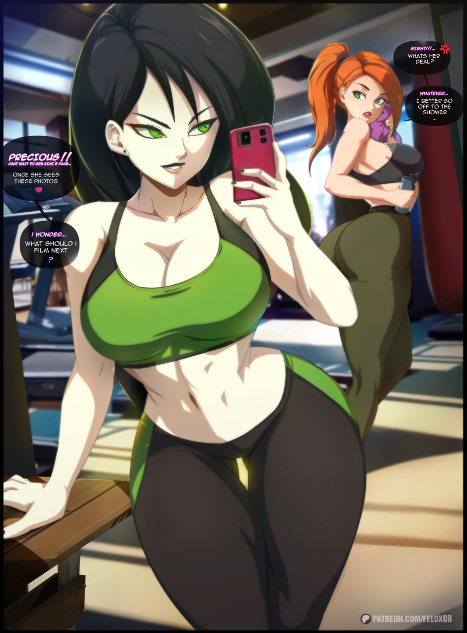 2girls, abs, ass, bare arms, bare shoulders, big ass, big breasts, big butt, black hair, breasts, clothed, clothing, color, disney, disney channel, english text, felox08, female, female focus, female only, fit, fit female, green eyes, gym, gym clothes, hi res, kim possible, kimberly ann possible, large breasts, light skin, light-skinned female, long hair, multiple females, multiple girls, muscles, muscular, muscular female, orange hair, shego, solo female, sports bra, tagme, text, text bubble, thick thighs