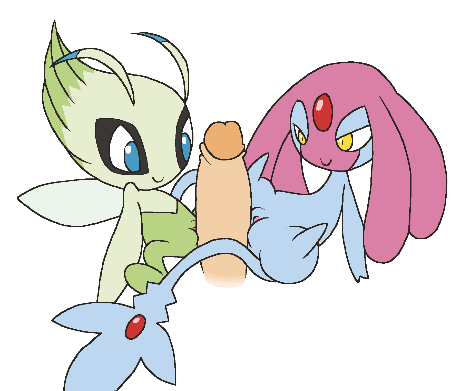 blue_body blue_eyes celebi double_tribadism_on_penis female green_body highres human interspecies male mammal mesprit nintendo penis pink_body pokémon_(species) pokemon pokemon_(species) praiz pussy simple_background straight tribadism_on_penis white_background yellow_eyes