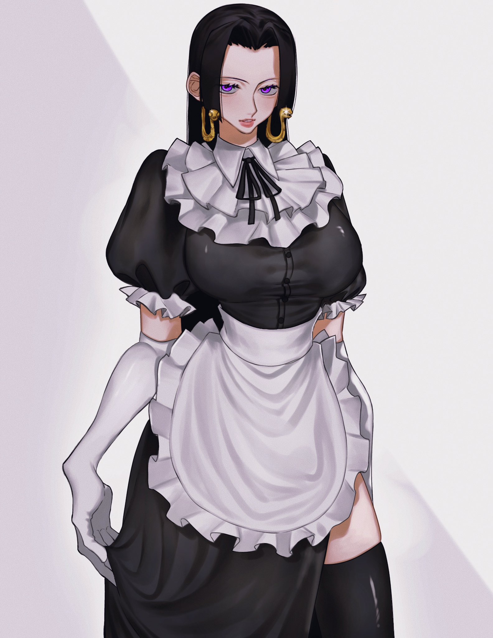 1girls, big breasts, black hair, black-haired female, blush, boa hancock, breasts, clothed, clothing, color, female, female focus, female only, hi res, jewelry, large breasts, light skin, light-skinned female, long hair, looking at viewer, maid, maid outfit, maid uniform, one piece, purple eyes, shounen jump, siokosho kinoko, solo, solo female, tagme, thick thighs