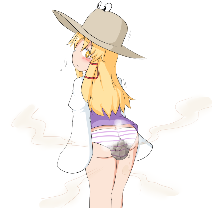 blonde_hair frog_hat looking_at_viewer looking_back moriya_suwako no_skirt panties panty_poop purple_striped_panties purple_vest scat soiling soiling_clothing soiling_panties soiling_underwear striped_panties suwako_moriya touhou touhou_project water_noodle white_sleeves