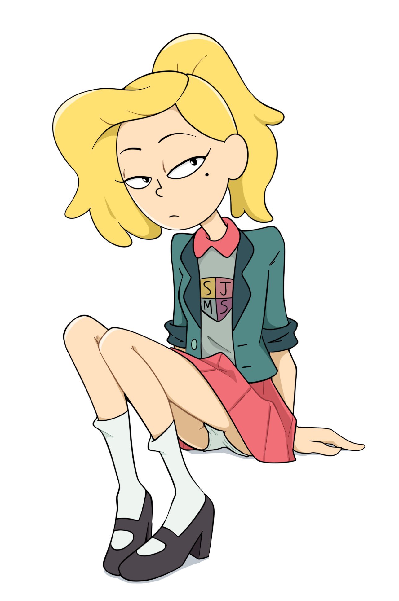 1girls amphibia birthmark disney disney_channel disney_xd full_body fully_clothed jacket legs_together lifting_leg looking_at_viewer panties pinup ponytail portrait rolled_up_sleeves sasha_waybright school_uniform shirt shoes skirt socks solo solo_female solo_focus thighs thrumbo