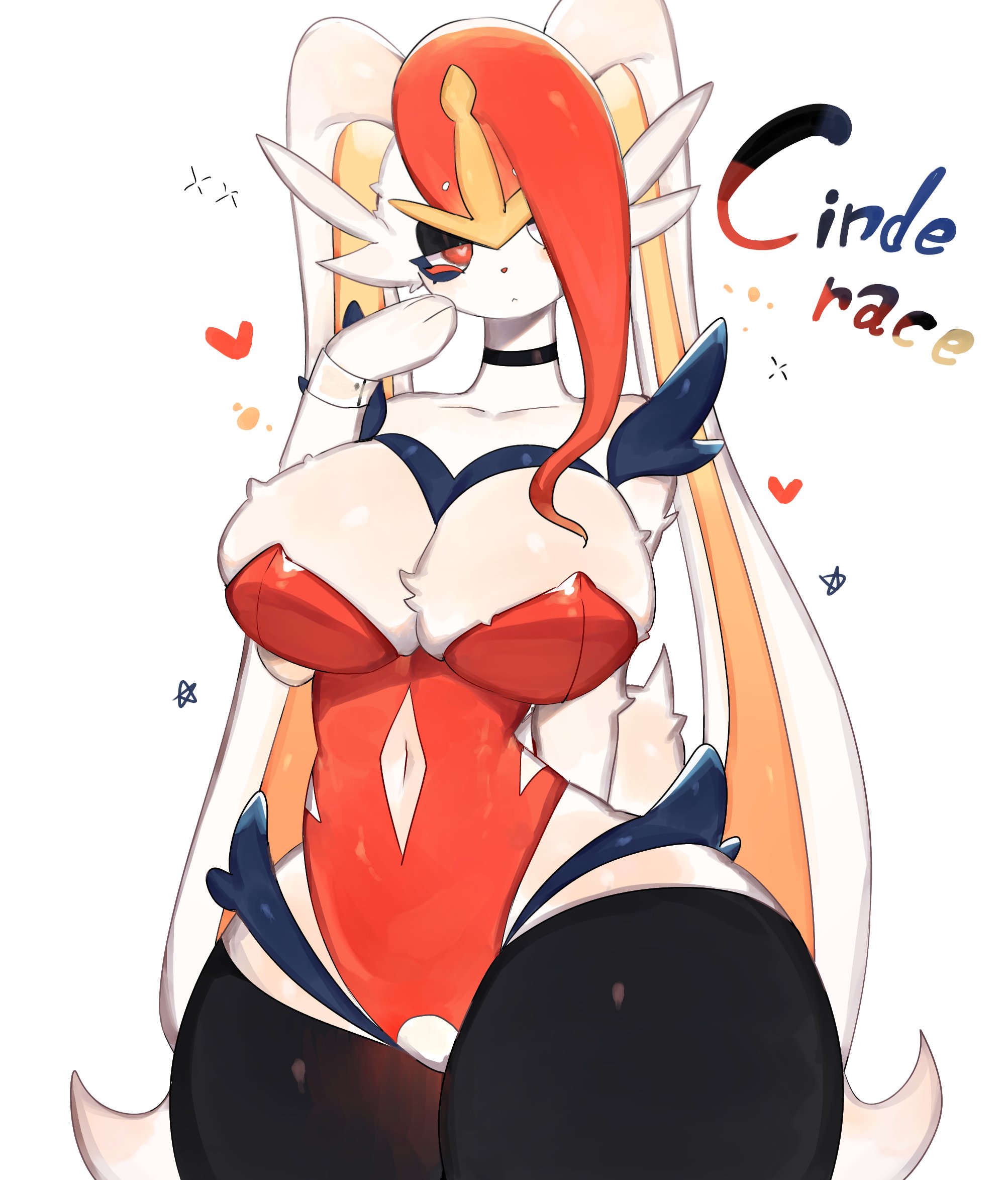 1girls, anthro, big breasts, black eyeshadow, black thighhighs, breasts, choker, cinderace, english text, female, female only, generation 8 pokemon, hair over one eye, heart, heart-shaped pupils, hi res, leotard, looking at viewer, narrowed eyes, nintendo, pokémon (species), pokemon, pokemon (species), red eyes, red hair, solo, text, thick thighs, thighhighs, toge77789, togetoge, white background
