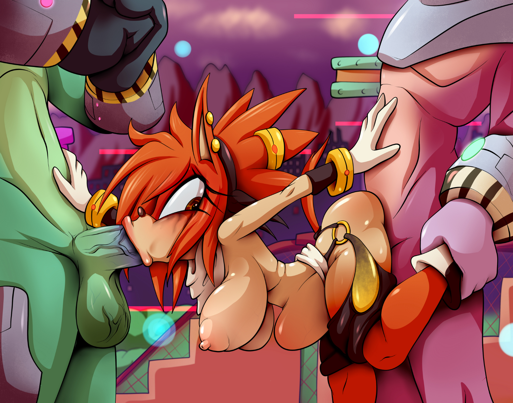 :>=, anthro, breasts, cicada, fellatio, female, from behind, large breasts, male, nipples, oral, orange hair, sega, sex, sonic (series), sonic the hedgehog (series), spitroast, stomach bulge, straight, threesome