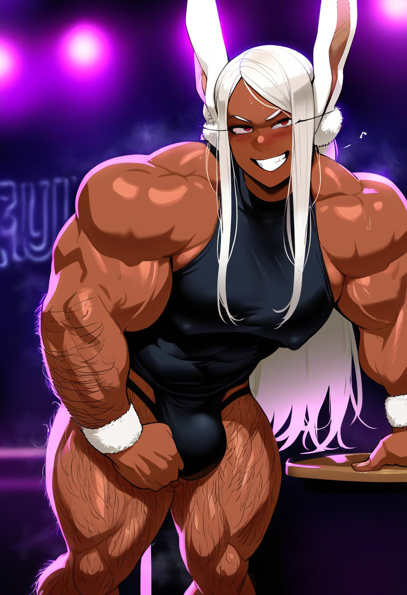 abs ai_generated armpit_hair biceps body_hair bulge bulge_through_clothing gloopai hairy hairy_arms hairy_legs huge_arms indoors large_bulge large_muscles looking_at_viewer male_only miruko muscular muscular_male my_hero_academia nai_diffusion night_club pecs penis_bulge rule_63 veiny veiny_muscles