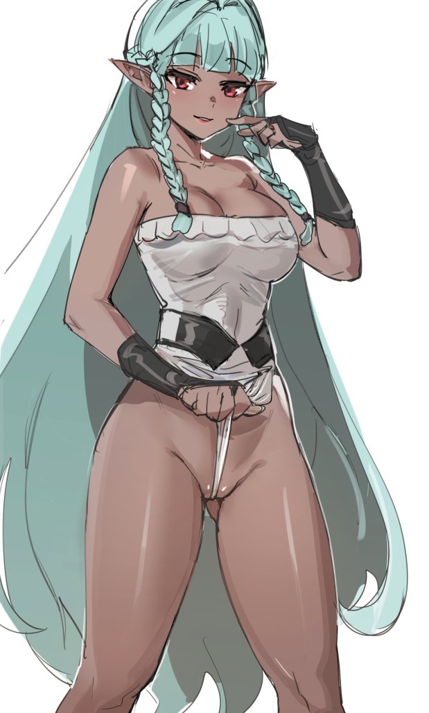 aqua_hair ass_visible_through_thighs blunt_bangs bow_(bhp) braid braided_sidelock breasts bridal_gauntlets dark-skinned_female dark_elf dark_skin elf female frills frontal_wedgie hand_up large_breasts leotard looking_at_viewer no_pants pointy_ears red_eyes rosalinde_(unicorn_overlord) sidelocks simple_background solo unicorn_overlord white_background white_leotard