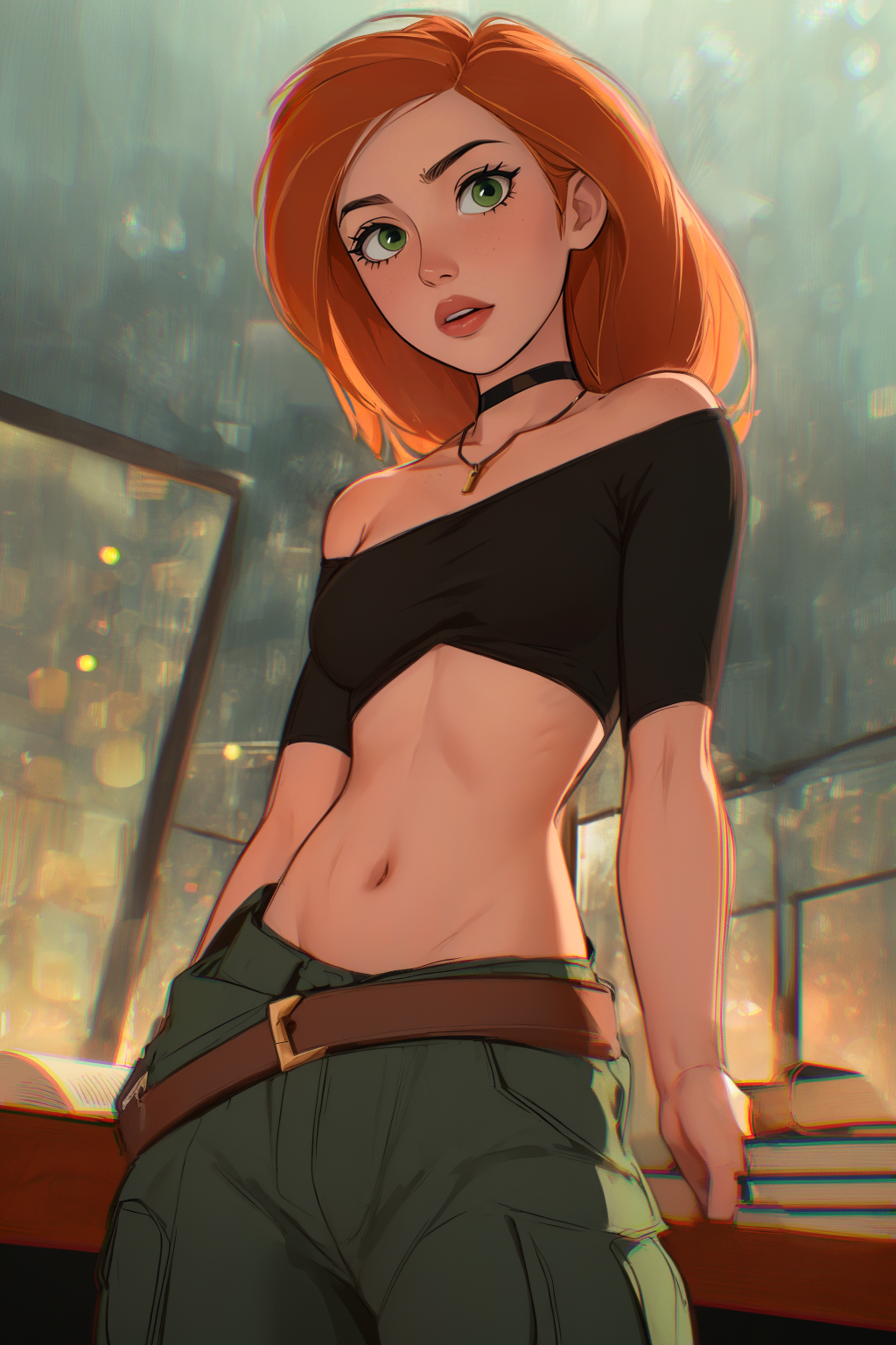 1girls, ai generated, breasts, choker, cleavage, collar, curvaceous, curvaceous body, curves, curvy, curvy body, curvy female, curvy figure, disney, disney channel, exposed breasts, female, female only, green eyes, hourglass figure, inner sideboob, kim possible, kimberly ann possible, light skin, light-skinned female, red hair, sideboob, solo, solo female, voluptuous, voluptuous female