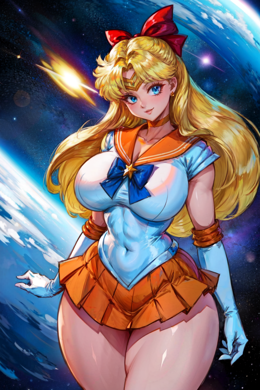 1girls ai_generated alternate_breast_size big_breasts bishoujo_senshi_sailor_moon blonde_hair blue_eyes bow breasts choker clothing covered_navel earring earrings elbow_gloves female female_only gloves hairbow large_breasts long_hair looking_at_viewer minako_aino miniskirt sailor_collar sailor_uniform sailor_venus serafuku skirt smile solo solo_female space stable_diffusion tampopo thick_thighs thunder_thighs wide_hips