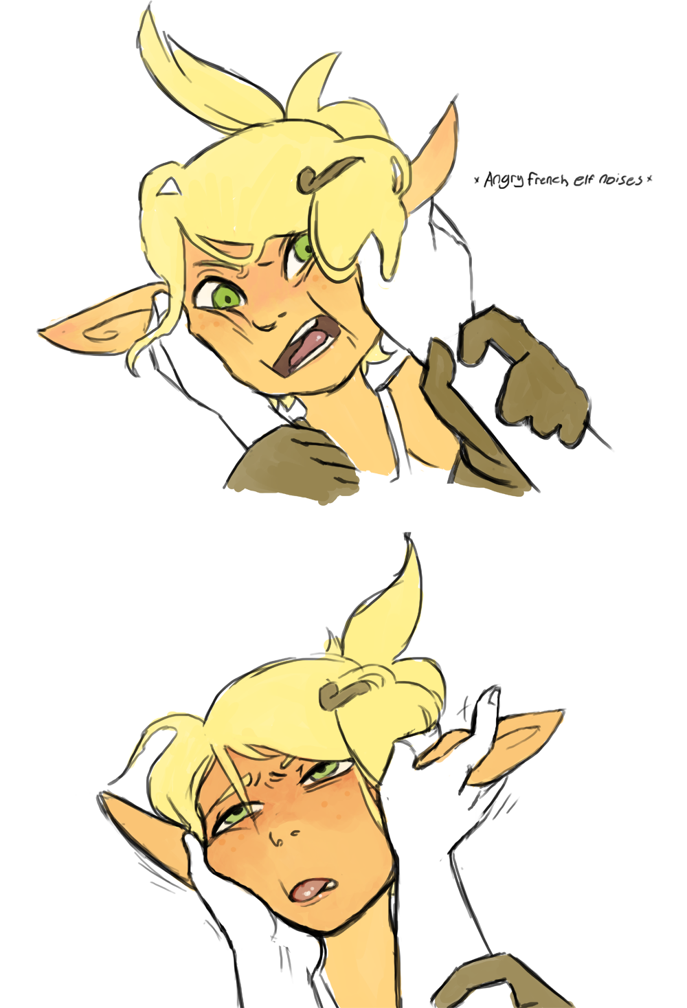 angry artist_request blonde_hair cra disembodied_hand ear_petting elf elf_ears evangelyne female freckles gloves green_eyes hairclip petting ponytail skirt tongue_out wakfu