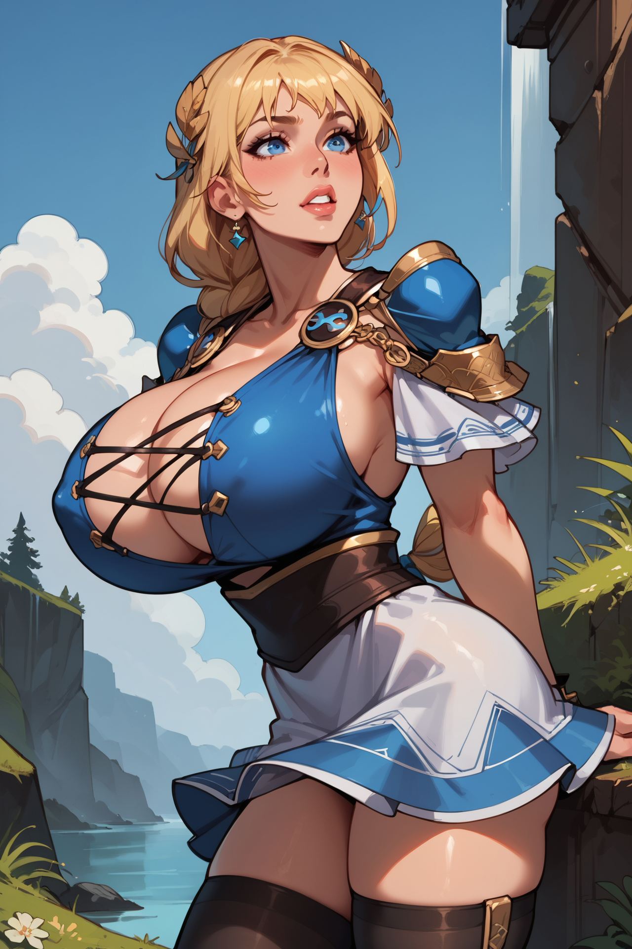 1girls, ai generated, big breasts, blonde hair, breasts, bythebrokenone, cleavage, female, female only, hands behind back, hourglass figure, huge breasts, massive breasts, solo, solo female, sophitia alexandra, soul calibur, tagme, thin waist, voluptuous