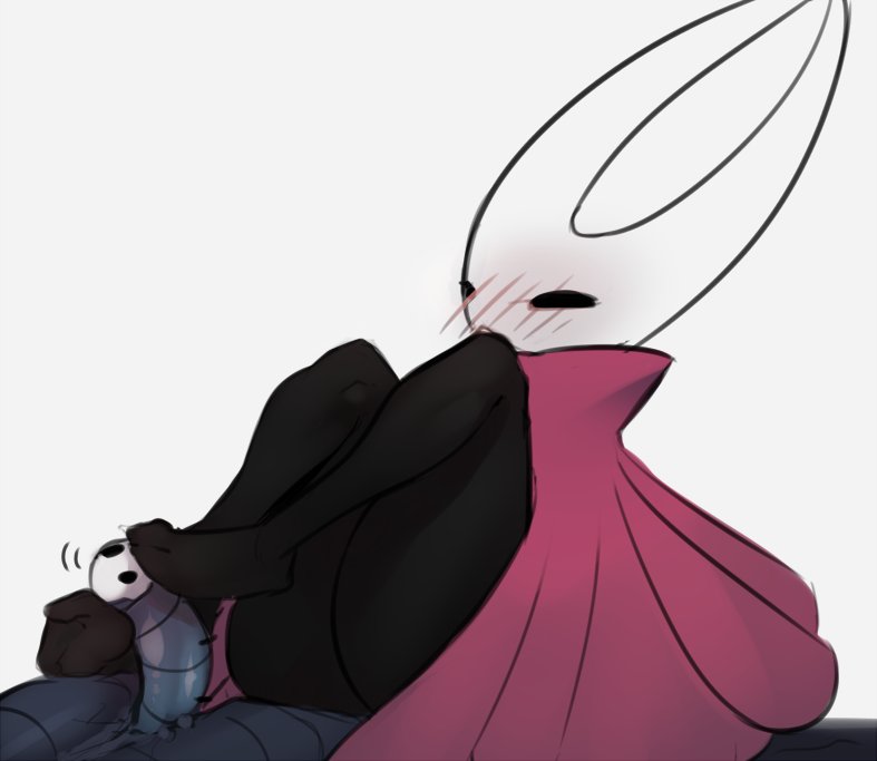 anthro arthropod black_body black_eyes blush blush_lines cloak clothing duo empty_eyes feet female female_on_top foot_fetish foot_play footjob genitals grey_background hollow_knight hornet_(hollow_knight) insects male male/female narrowed_eyes on_top penis pink_cloak pink_clothing scas sex simple_background team_cherry thick_thighs white_body wide_hips