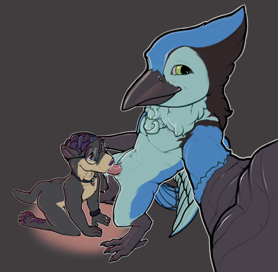 anthro avian beak bird blue_jay bodily_fluids camera camera_view collar corvid cum cum_in_mouth cum_inside digitigrade eyewear fellatio genital_fluids genitals glasses green_eyes holding_camera holding_object jay_(bird) kneeling looking_at_viewer male male/male mammal mustelid new_world_jay oral oscine otter passerine paws penile penis purple_eyes sex smile smiling_at_viewer whiskerdoodles wings