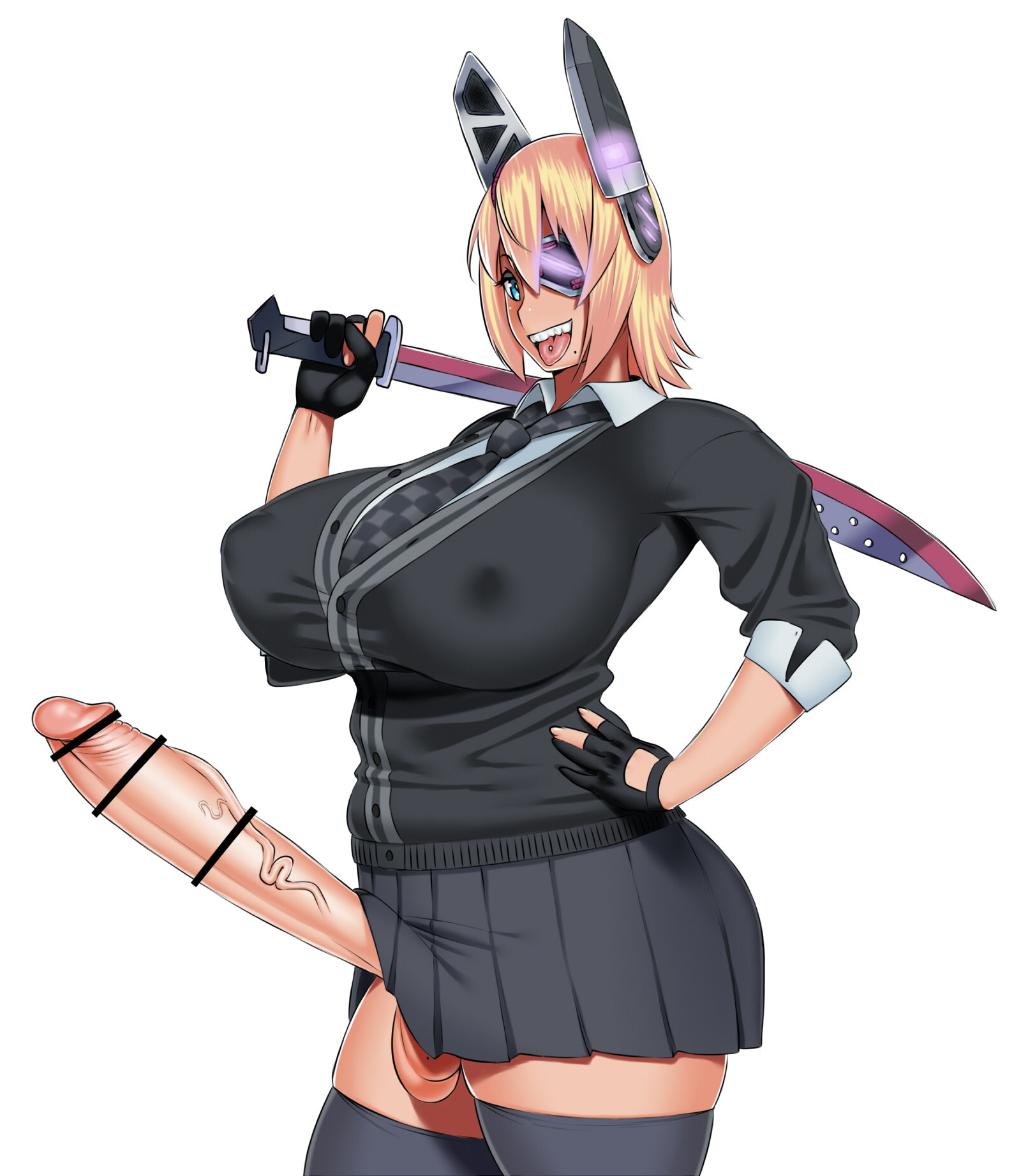 1futa, ageha (burakku-ra), balls, bar censor, blonde hair, breasts, burakku-ra, censored, erection, eye patch, futa only, futanari, hand on hip, headgear, intersex, kantai collection, large breasts, long penis, nipple bulge, penis, penis under skirt, short hair, solo, standing, sword, tenryuu (kantai collection), tenryuu (kantai collection) (cosplay), testicles, weapon