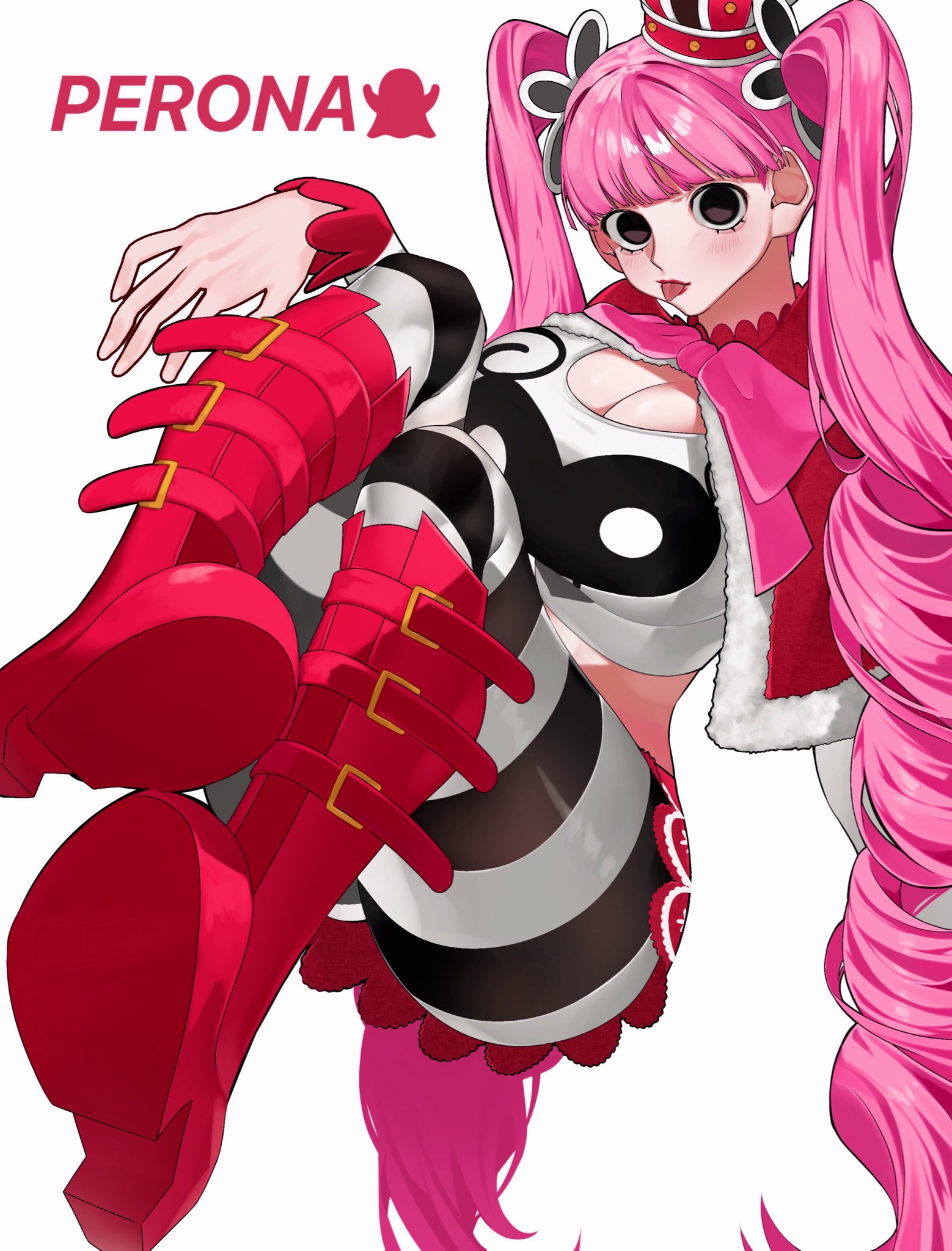 1girls, big breasts, black eyes, blush, breasts, clothed, clothing, color, female, female focus, female only, gothic lolita, hat, hi res, large breasts, light skin, light-skinned female, lolita fashion, long hair, looking at viewer, one piece, perona, pink hair, pink-haired female, pre-timeskip, shounen jump, siokosho kinoko, solo, solo female, striped legwear, tagme, thick thighs, twintails