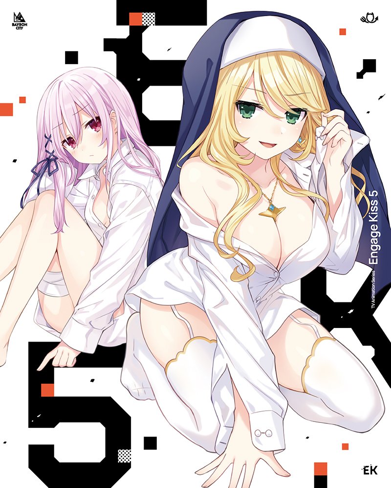 annoyed_expression bare_legs bare_shoulders bare_thighs barefoot big_breasts blonde_hair blush breasts cleavage collarbone dvd_cover engage_kiss feet garter_belt garter_straps green_eyes lingerie long_hair medium_breasts mouth_closed necklace nun nun_hat official_art open_mouth open_shirt pink_hair red_eyes sharon_holygrail shirt_only smile thick_thighs thighhighs thighs toes tsunako white_lingerie white_shirt white_thighhighs yuugiri_ayano zettai_ryouiki