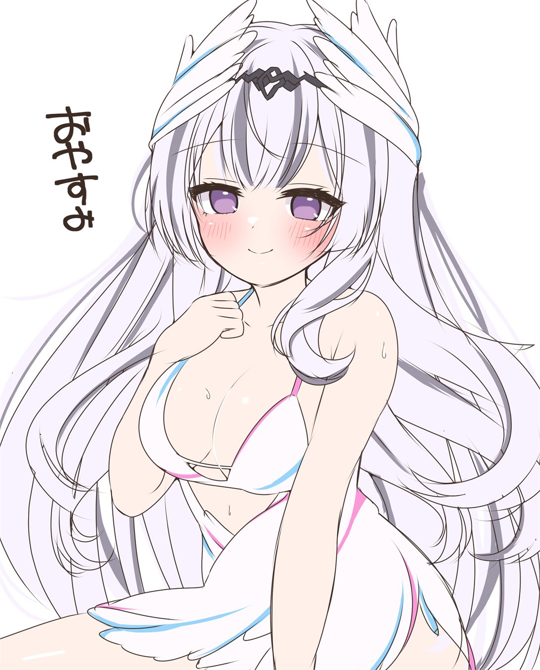 1girls alternate_costume asage_(asgsn) bikini black_hair blush breasts cleavage female female female_only fire_emblem fire_emblem_engage hand_on_own_chest highres long_hair medium_breasts multicolored_hair nintendo purple_eyes smile streaked_hair swimsuit translation_request veyle_(fire_emblem) white_bikini white_hair white_swimsuit wing_hat_ornament