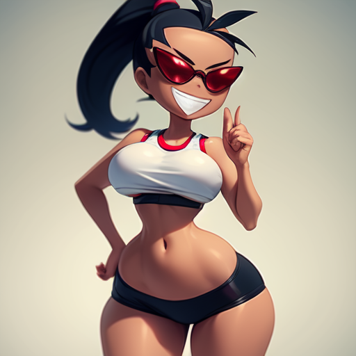 1girls ai_generated dollification female female_only huge_ass huge_breasts knick_knack nemona_(pokemon) permanent_smile pokemon post_transformation smile solo sunglasses sunnification thick_thighs transformation wide_hips