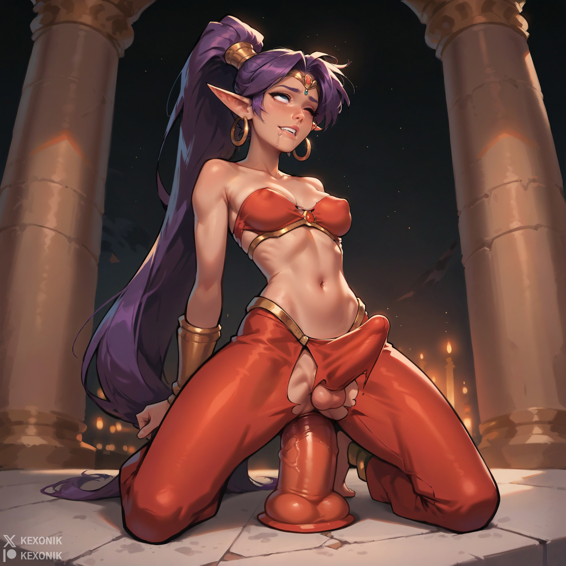 1futa, ai generated, balls, breasts, bulge, bulge through clothing, dickgirl, dildo, dildo in ass, dildo insertion, dildo penetration, dildo riding, dildo sitting, drooling, erect penis, erection, erection under clothes, futa only, futanari, high ponytail, intersex, kexonik, kneeling, on knees, one eye closed, orgasm, orgasm face, orgasm from anal, penis, pleasure, pleasure face, pleasured, pleasured face, ponytail, puffy nipples, riding, riding dildo, shantae, shantae (character), solo, testicles, torn clothes, torn clothing, very long hair