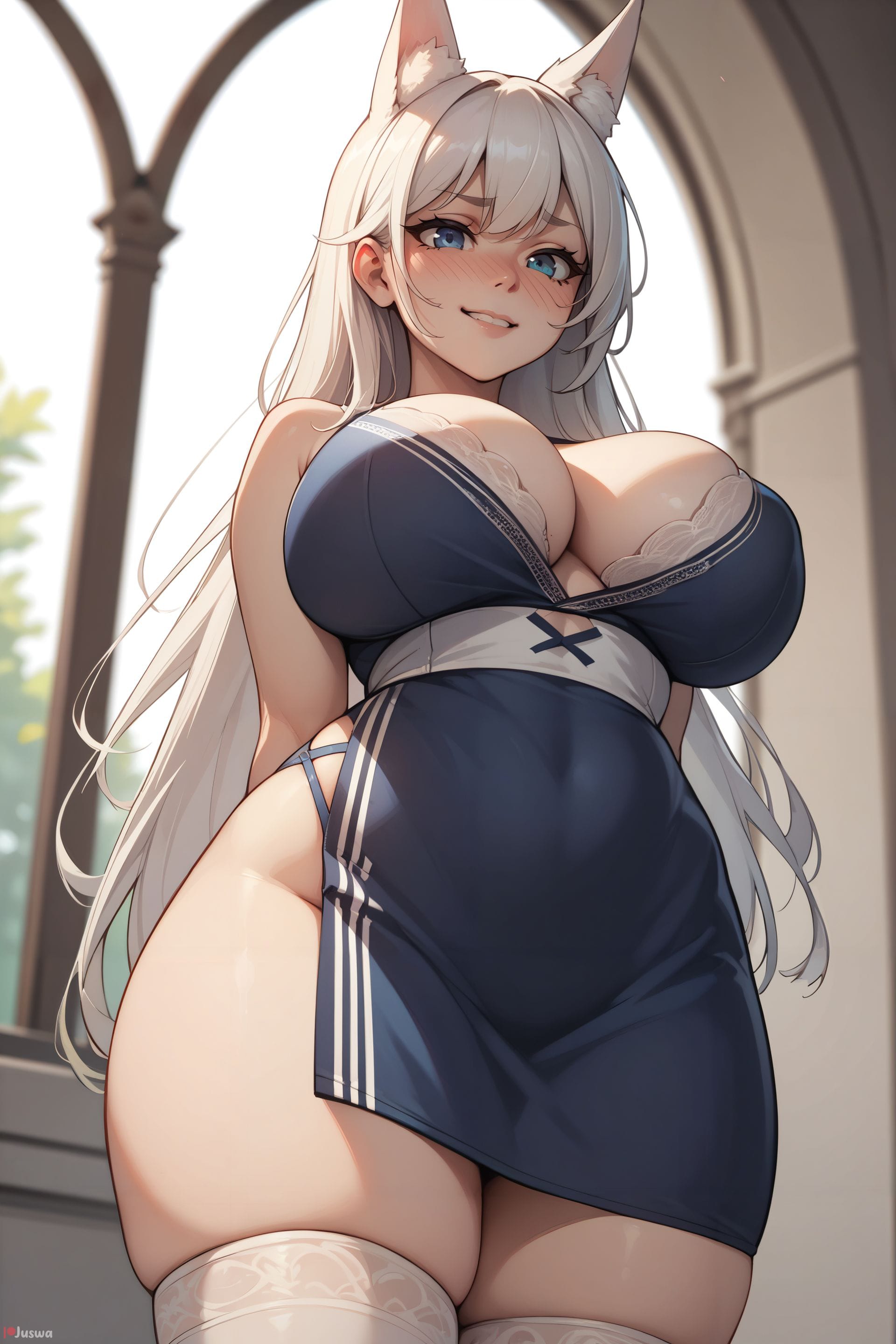 ai generated, animal ear fluff, animal ears, arms behind back, bangs, bare shoulders, blue eyes, blush, breasts, cleavage, covered navel, dress, female, female only, juswa, large breasts, long hair, looking at viewer, skindentation, smile, solo, thighhighs, thighs, white hair, white thighhighs
