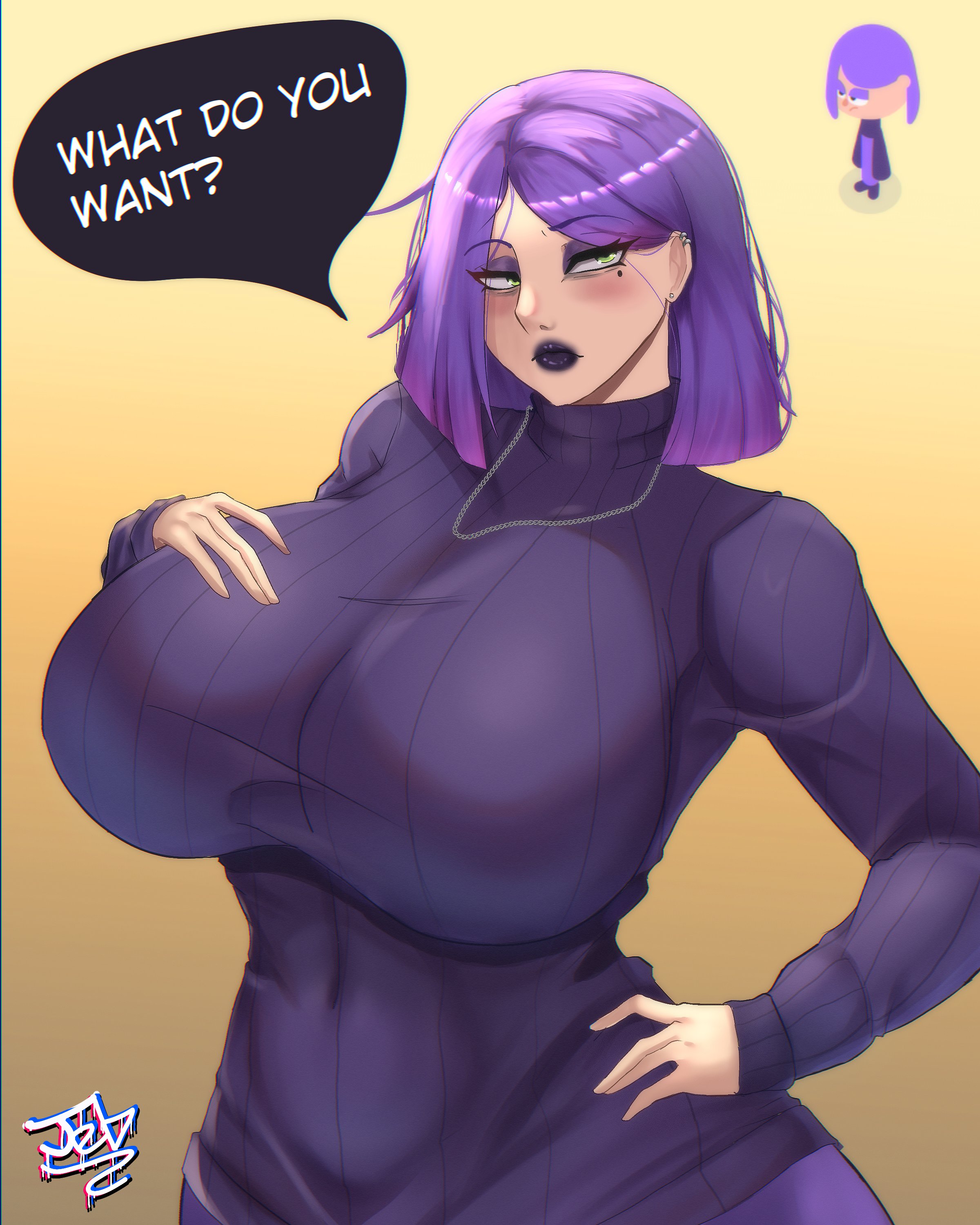1girls, 2024, big breasts, breasts, curvy, duolingo, female, goth, goth girl, gothic, green eyes, jebjebbz, lily (duolingo), lipstick, looking at viewer, purple hair, short hair, solo, solo female, solo focus, sweater, tagme, text, text bubble, voluptuous