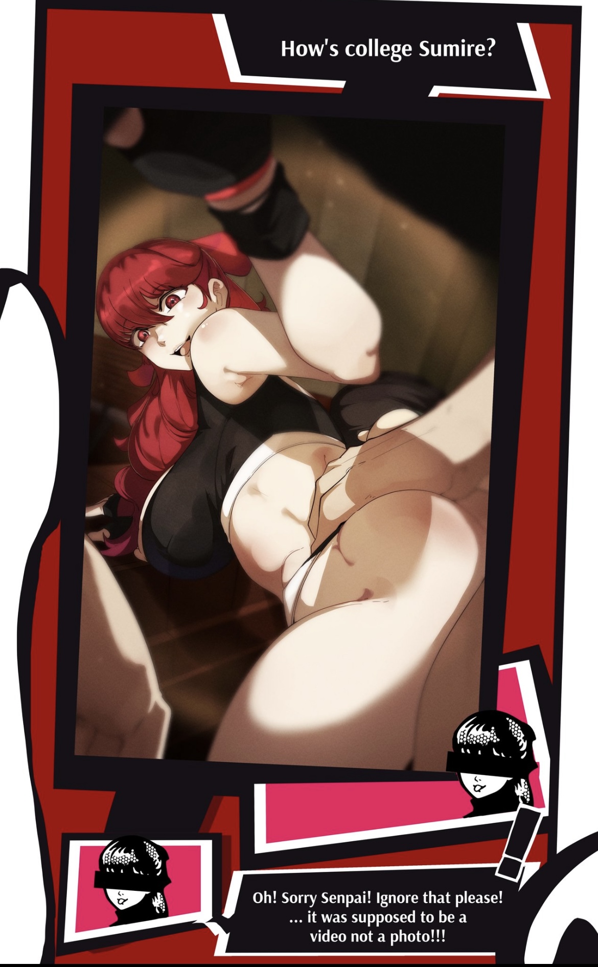1girls, 2boys, atlus, background, cuckolding, female, gloves, grabbing ass, grabbing from behind, gym clothes, holding object, kasumi yoshizawa, light skin, light-skinned female, light-skinned male, male, netorare, nipples, ntr, persona, persona 5, phone screen, pinkseito, pov, sports bra, sumire yoshizawa, text message, threesome