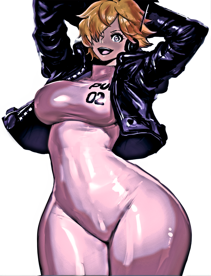 1girls ajaycolor armpits arms_up ass bodysuit breasts clothing color color_edit colored colored_hair colored_inner_hair colored_sketch colored_skin covered_navel cowboy_shot cropped_jacket curvaceous edit eyelashes female female_only grey_background hair_over_one_eye hands_behind_head headphones headwear huge_ass jacket kisuu large_ass large_breasts looking_at_viewer one_piece open-mouth_smile open_clothes open_jacket open_mouth plump scientist short_hair simple_background skin_tight smile solo standing thick_thighs thighs vegapunk_lilith wide_hips zipper