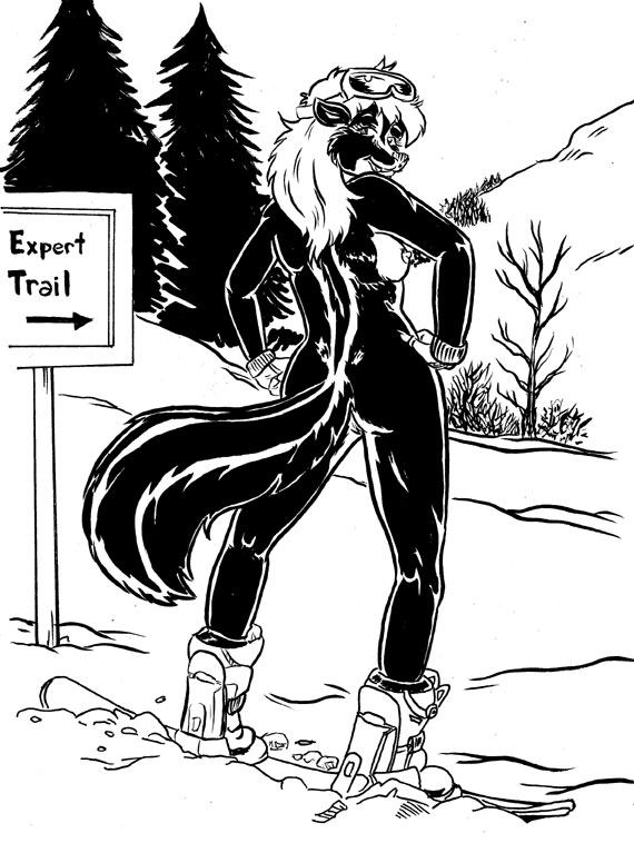 2018 anthro ass barely_visible_genitalia boots breasts cherise_chevron clothing eyewear female footwear gloves goggles hands_on_hips looking_at_viewer looking_back mammal monochrome nipples nude outside pussy rear_view sign ski_boots skunk smile snow snowboard solo striped_tail stripes style_wager subtle_pussy text tree winter