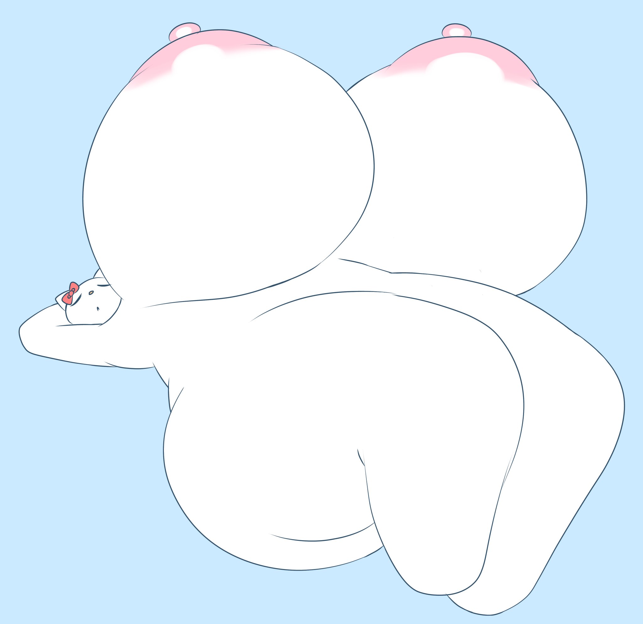1girls, adorable, ass, ass bigger than head, big ass, big breasts, blue background, bow, bow on head, breasts, breasts bigger than head, breasts out, closed eyes, completely naked, completely nude, cute, domestic cat, feline, female, female focus, female only, furry, hello kitty, hello kitty (character), hello kitty (series), huge ass, huge breasts, hyper, hyper ass, hyper breasts, kitty white, laying, laying down, laying on back, massive ass, massive breasts, naked, naked female, nude, nude female, sanrio, simple background, sleeping, solo, solo female, tha randomu, white body, white fur