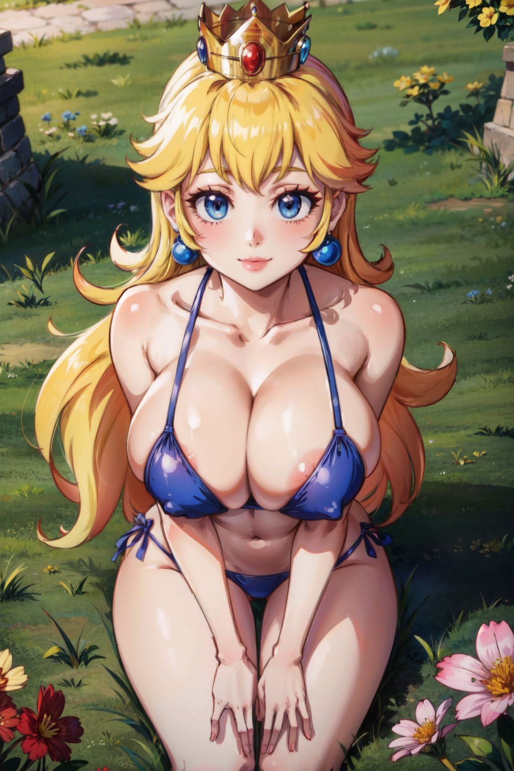 1girls ai_generated alternate_breast_size bangs big_breasts bikini blonde_hair blue_bikini blue_eyes breasts cleavage collarbone covered_nipples earrings exposed_shoulders female female_only field flower flowers from_above hands_on_legs huge_breasts large_breasts lipstick long_hair looking_at_viewer looking_up mario_(series) midriff navel nintendo nipple_bulge outdoors outside princess_peach side-tie_bikini sideboob sitting skimpy_clothes smile solo solo_female stable_diffusion swimsuit tampopo thighs wide_hips