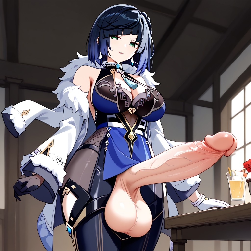 1futa, ai generated, black hair, blue dress, breasts, futa only, futa sans pussy, futanari, genshin impact, hoyoverse, intersex, large breasts, large penis, penis, spartan25, yelan (genshin impact)