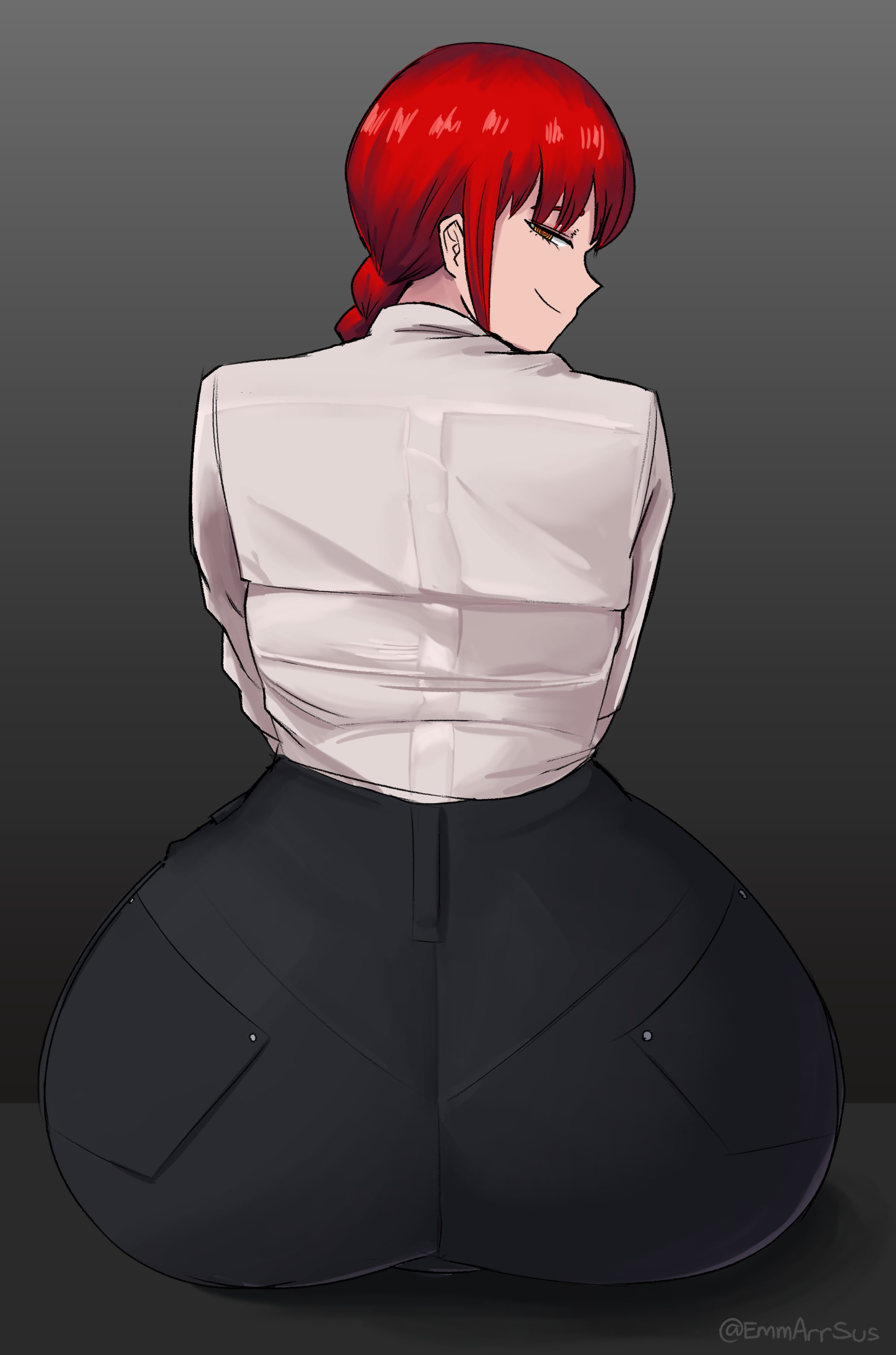 1girls, ass, ass focus, big ass, breasts, chainsaw man, emmarrgus, female, huge breasts, looking at viewer, looking back, makima (chainsaw man), sitting, smile, smiling at viewer, thick ass