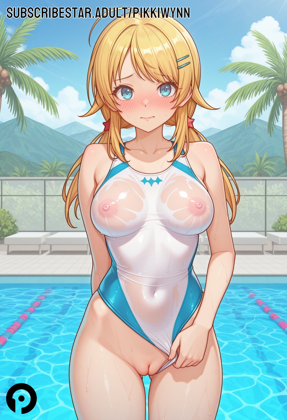 ahoge, ai generated, bangs, blonde hair, blue eyes, blush, breasts, clothing aside, collarbone, competition swimsuit, covered navel, covered nipples, day, female, female only, hachimiya meguru, hair ornament, hairclip, idolmaster, idolmaster shiny colors, large breasts, long hair, looking at viewer, low twintails, nipples, one-piece swimsuit, outdoors, pikkiwynn, pool, poolside, pussy, see-through, solo, swimsuit, swimsuit aside, tree, twintails, water, wet, white one-piece swimsuit