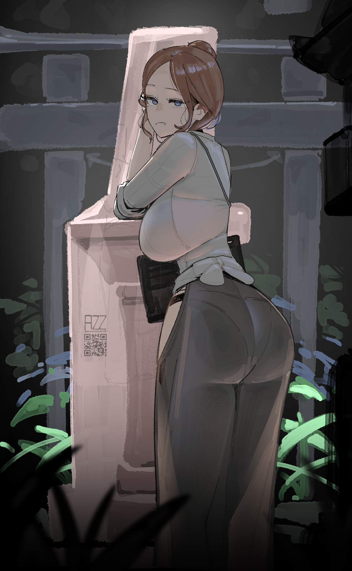 1girls, 2d, 2d (artwork), ass, azz0422, big breasts, bra lines, brown hair, eyelashes, hip vent, leaning on object, looking at viewer, looking back, open mouth, panties visible through clothing, purple eyes, tight clothing, white shirt