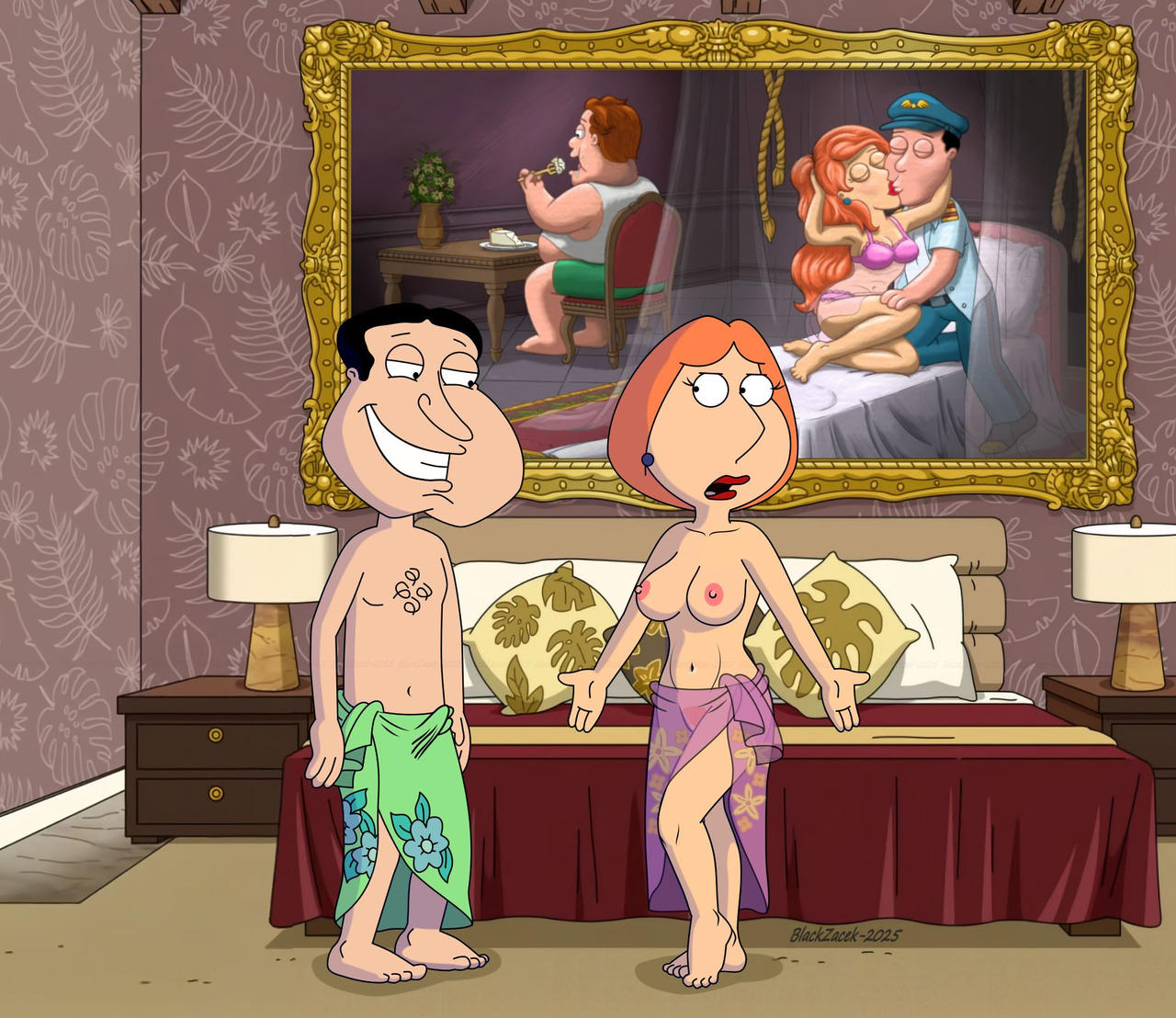 20th century fox, 20th century studios, bed, bedroom, blackzacek, classy, elegant bed, elegant bedroom, family guy, fancy, female, fox corporation, fuzzy door productions, glenn quagmire, hotel room, hulu, lois griffin, luxury, mature female, milf, nude, nude female, seth macfarlane, sex, short hair, short-haired female, straight, straight sex, wealthy