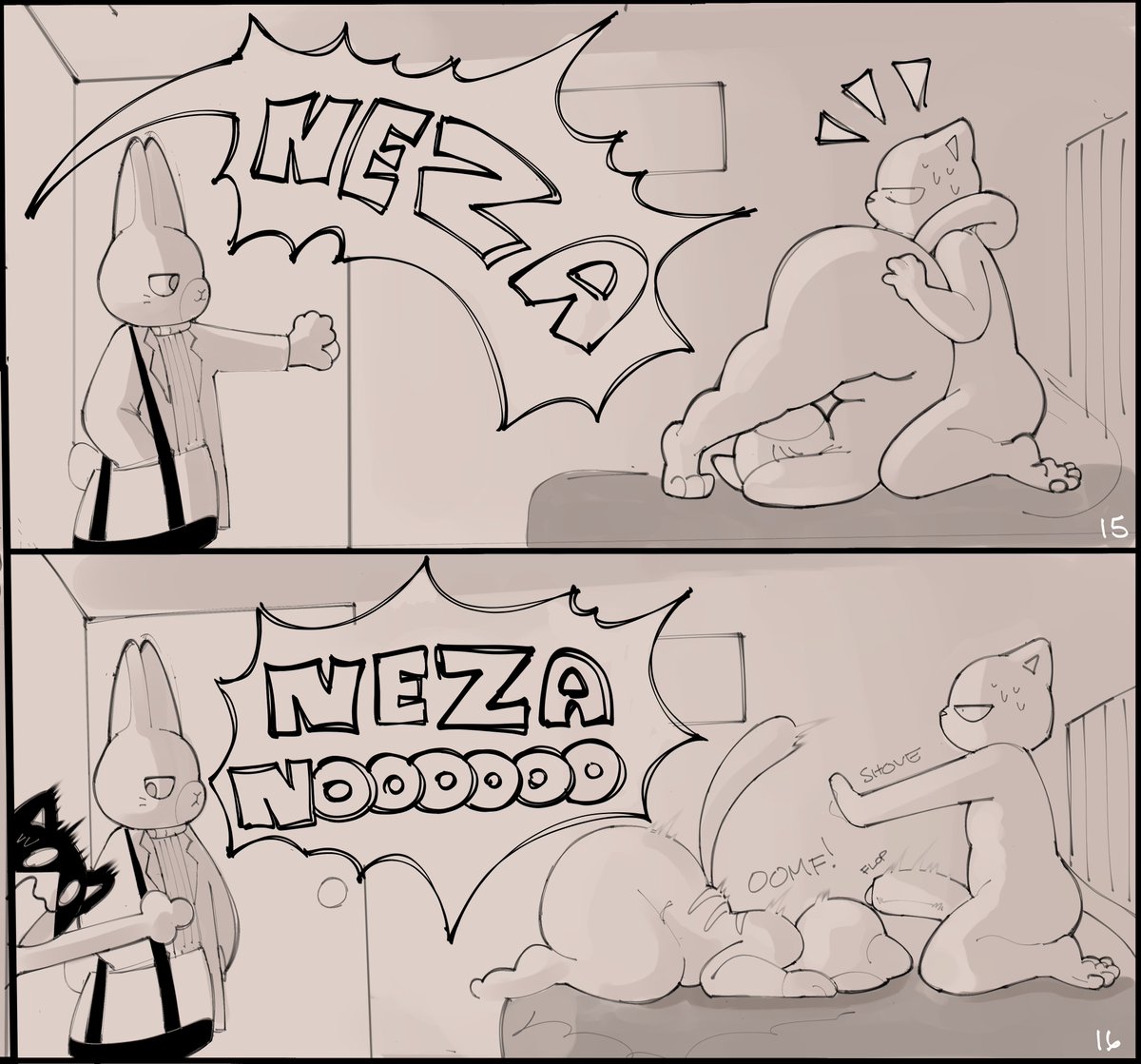 2025 anthro ass ass_up bed big_butt big_penis bodily_fluids caught_in_the_act clothed clothing comic curtains digital_media_(artwork) domestic_cat exclamation_point felid feline felis fur furniture genitals group half-closed_eyes hands_behind_head hands_behind_own_head inside jacket kneeling kneeling_on_bed kuehiko_roshihara lagomorph leporid looking_at_another male male/male mammal monochrome narrowed_eyes nervous nude on_bed opening_door penis pushing rabbit rufuta_hachitani screaming scut_tail shocked short_tail shoving side_view smile smug speech_bubble standing sushiamazing sweat sweater tail tapio_chatarozawa text thick_thighs topwear uwaharu_nezazono working_buddies!