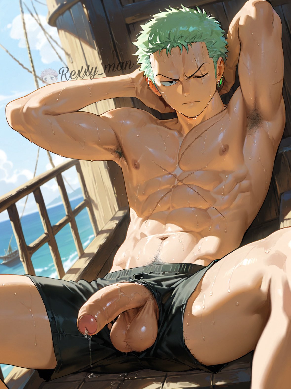 1boy, abs, ai generated, balls, balls out, clothing, cock, dick, foreskin, gay, looking at viewer, male, male only, male solo, muscular, muscular male, one piece, outdoor nudity, outdoors, penis, precum, pubic hair, rexxy man, roronoa zoro, solo, solo male, sweat, tagme, testicles, turquoise hair, uncircumcised, uncut, yaoi