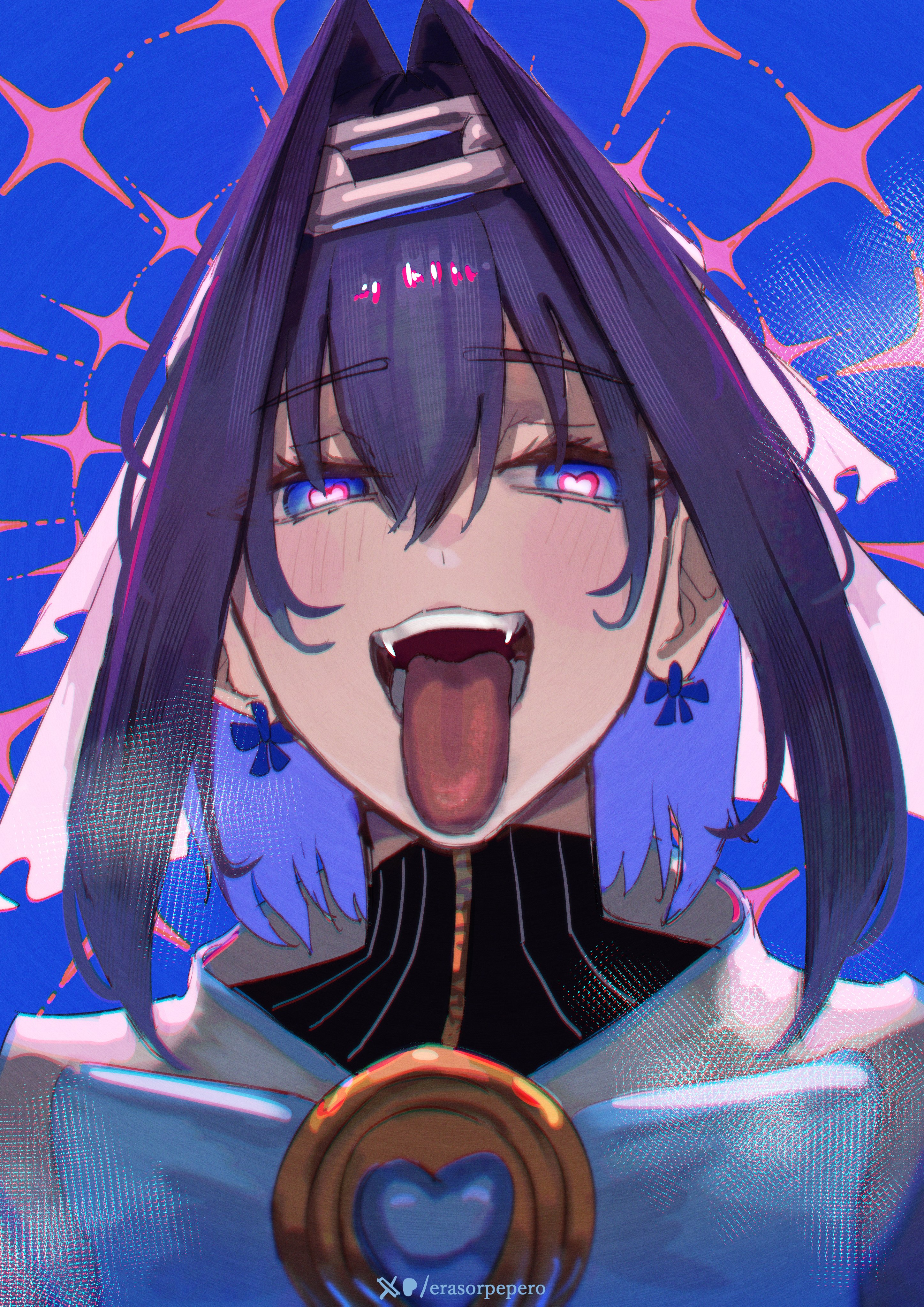 1girls, ahe gao, blue eyes, blue hair, blush, close-up, erasorpepero, female, heart-shaped pupils, hololive, hololive english, hololive english -council-, hololive english -promise-, ouro kronii, short hair, solo, teeth, tongue, tongue out, virtual youtuber