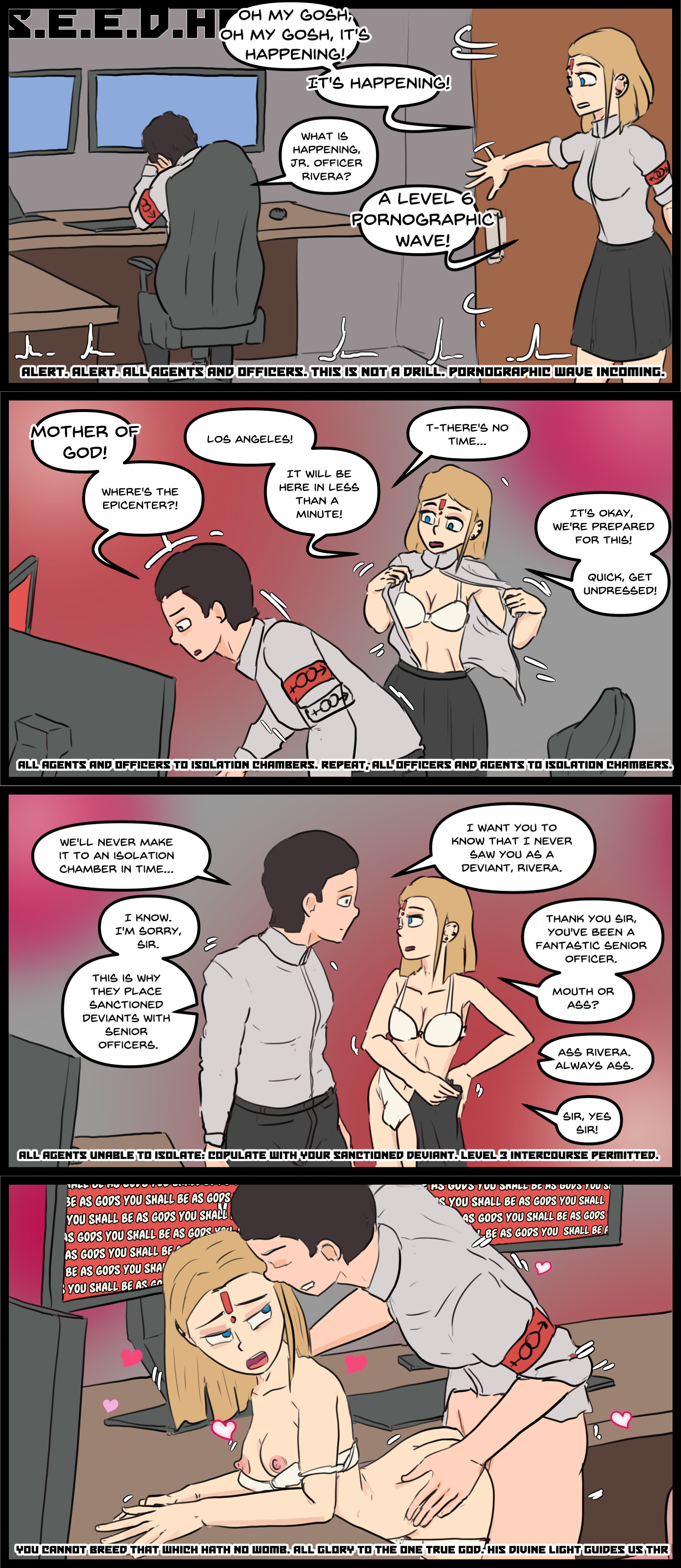 armband, armwear, breasts, breasts out of bra, casual, clothing, computer, desperation, electronics, futanari, human, hypercasual, intersex, male, male on futa, military, negative inspiration, original, pale skin, panties, piercing, pornographic wave, survival sex, undressing, uniform, what