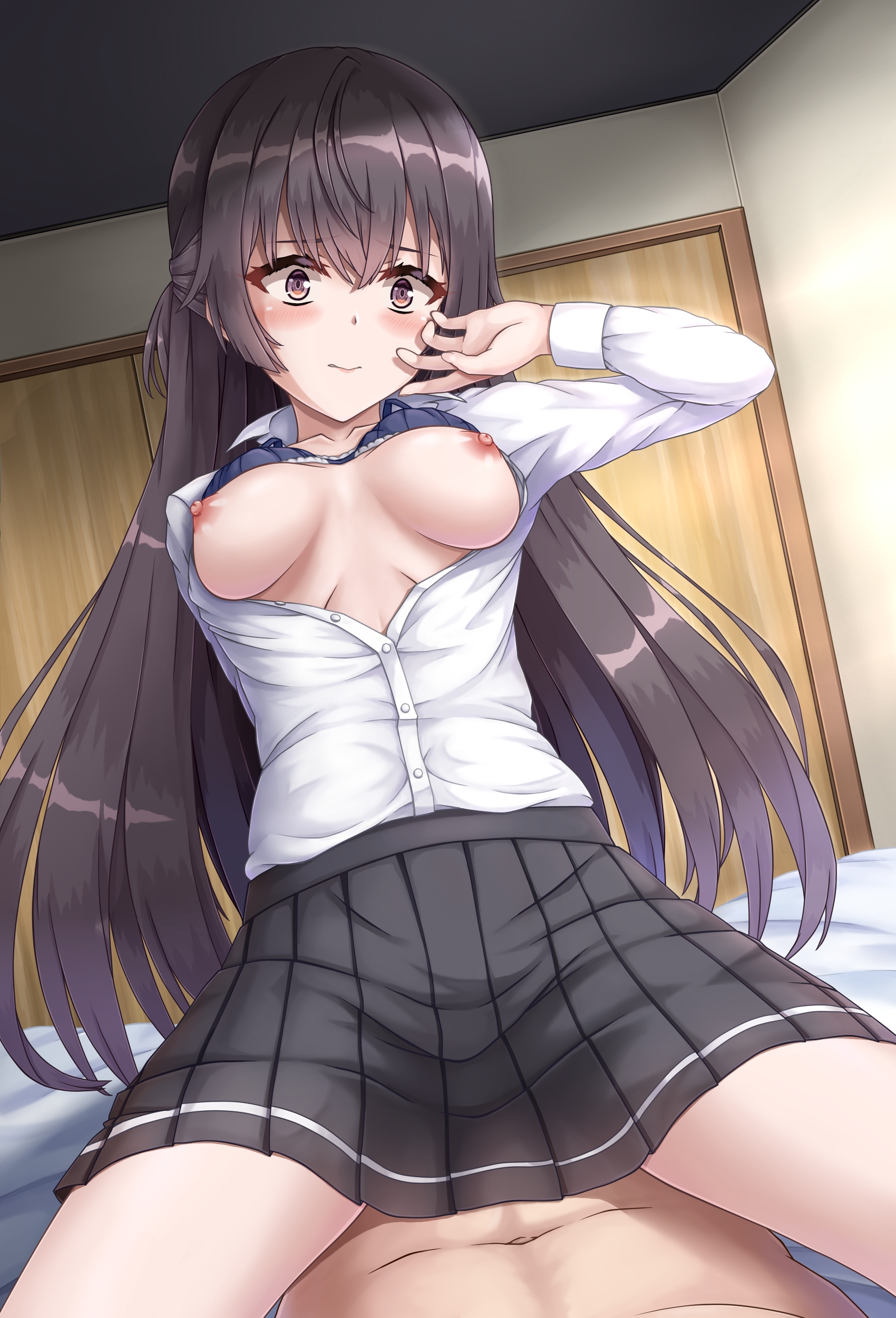 1girls, breasts, brown hair, female, nipples, pleated skirt, shirt, skirt, suou yuki, tokidoki bosotto russian de dereru tonari no alya-san, white shirt