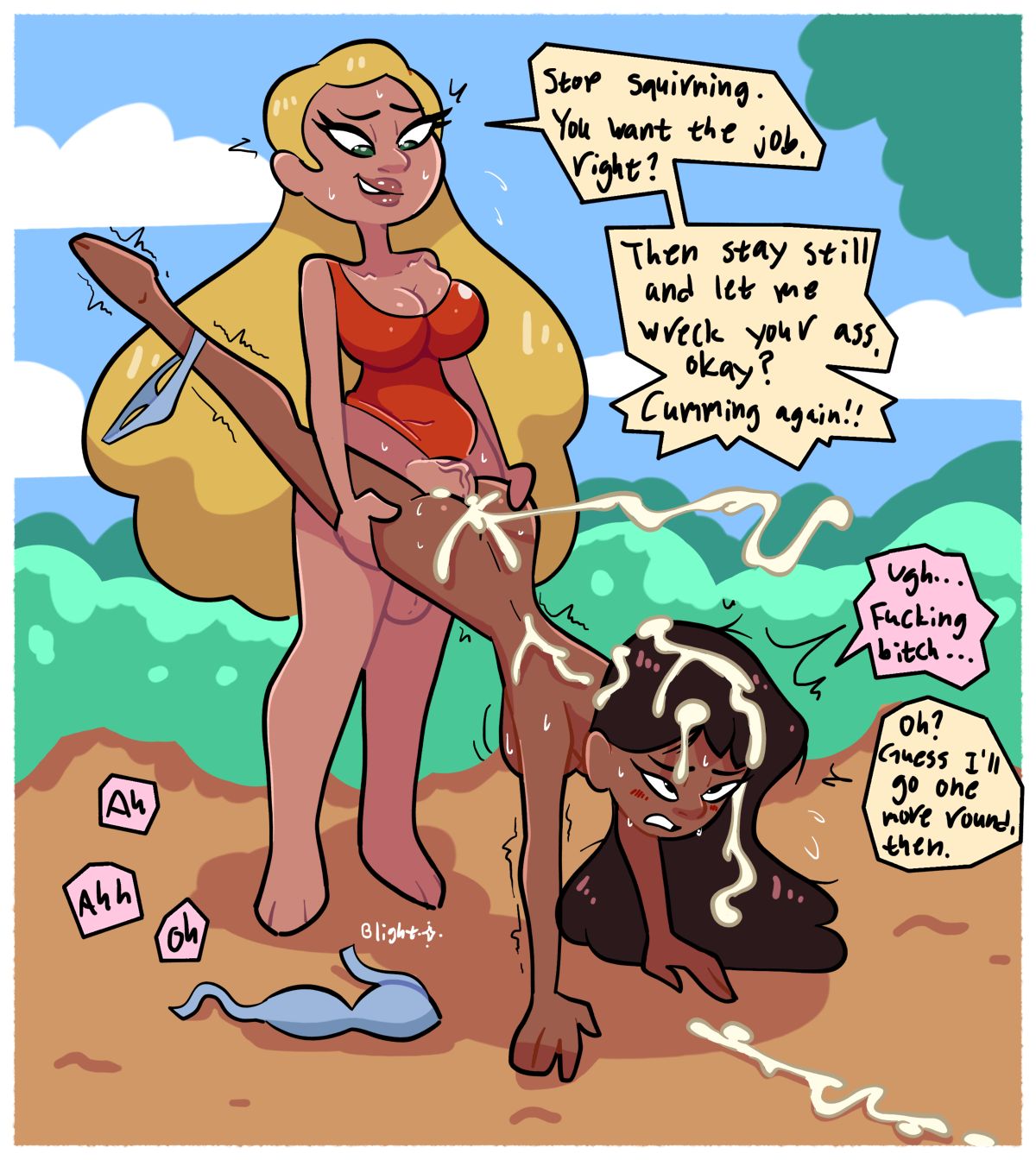 1futa, 1girls, anal, anal insertion, anal sex, ass, bikini, blackmail, blightstar, blonde hair, blush, brown hair, clothed, clothed futa, clothed futa nude female, clothed sex, clothing, cum, cum in ass, cum inside, cum on ass, cum on body, cum on hair, cum on lower body, cum on upper body, dark skin, dark-skinned female, dialogue, disney, english text, female, futa on female, futa/female, futanari, grabbing, grabbing from behind, green eyes, huge cock, intersex, lifeguard (lilo and stitch), lilo and stitch, long hair, looking at viewer, nani pelekai, penetration, penis, red swimsuit, rolling eyes, sex, sex from behind, speech bubble, swimsuit, text, vein, veins, veiny, veiny penis, wheelbarrow position